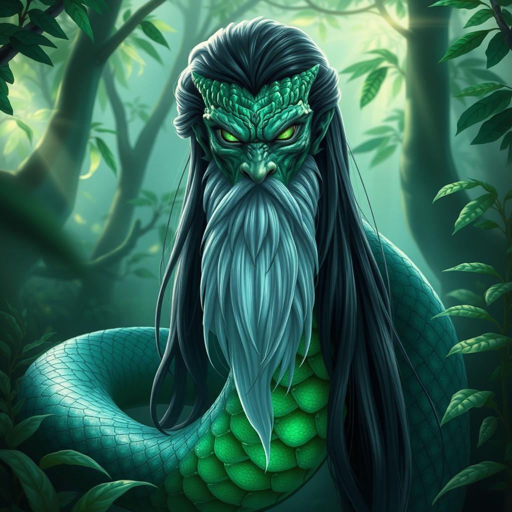 A male naga with a long serpentine lower body, featuring a striking white beard and bright green eyes