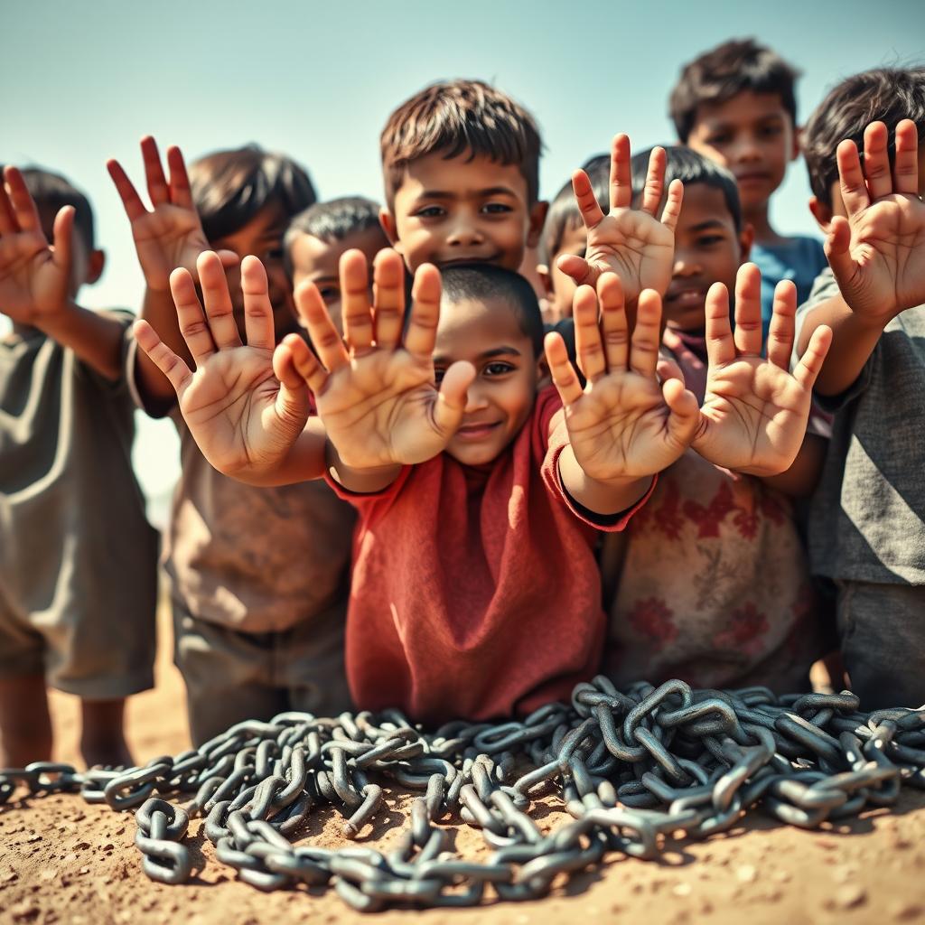 A powerful image depicting a group of Caucasian children, both boys and girls, standing together with their palms raised towards the viewer in a 'stop' gesture, symbolizing their defiance against child slavery