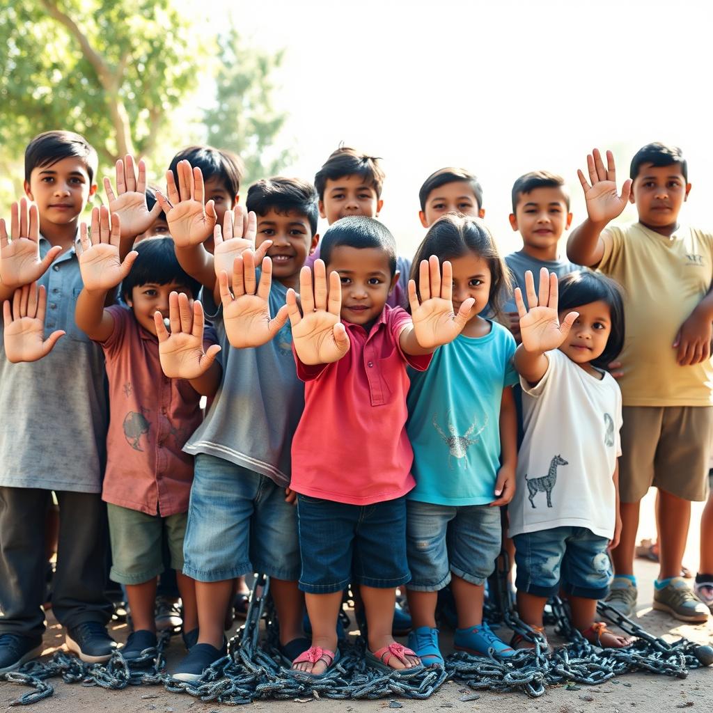 An impactful image showing a group of Latino children, both boys and girls, standing together in a powerful stance against child slavery