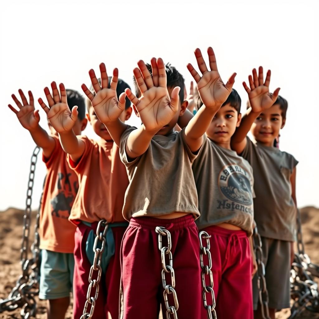 An impactful image displaying a group of Latino children, both boys and girls (not indigenous in appearance), standing together in a strong stance against child slavery