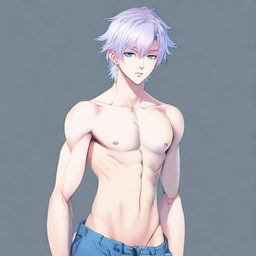 Create a full-body portrait of a delicate twink anime man. He has platinum hair, eyebrows, lashes, and slender skin. His face is harmonious with sharp blue eyes, a hint of pink on the nose tip and eye corners. Noticeably large pectorals, feminine figure, highly attractive, devoid of overt masculinity. Wearing a blue bedlah, he is looking pensively into the distance