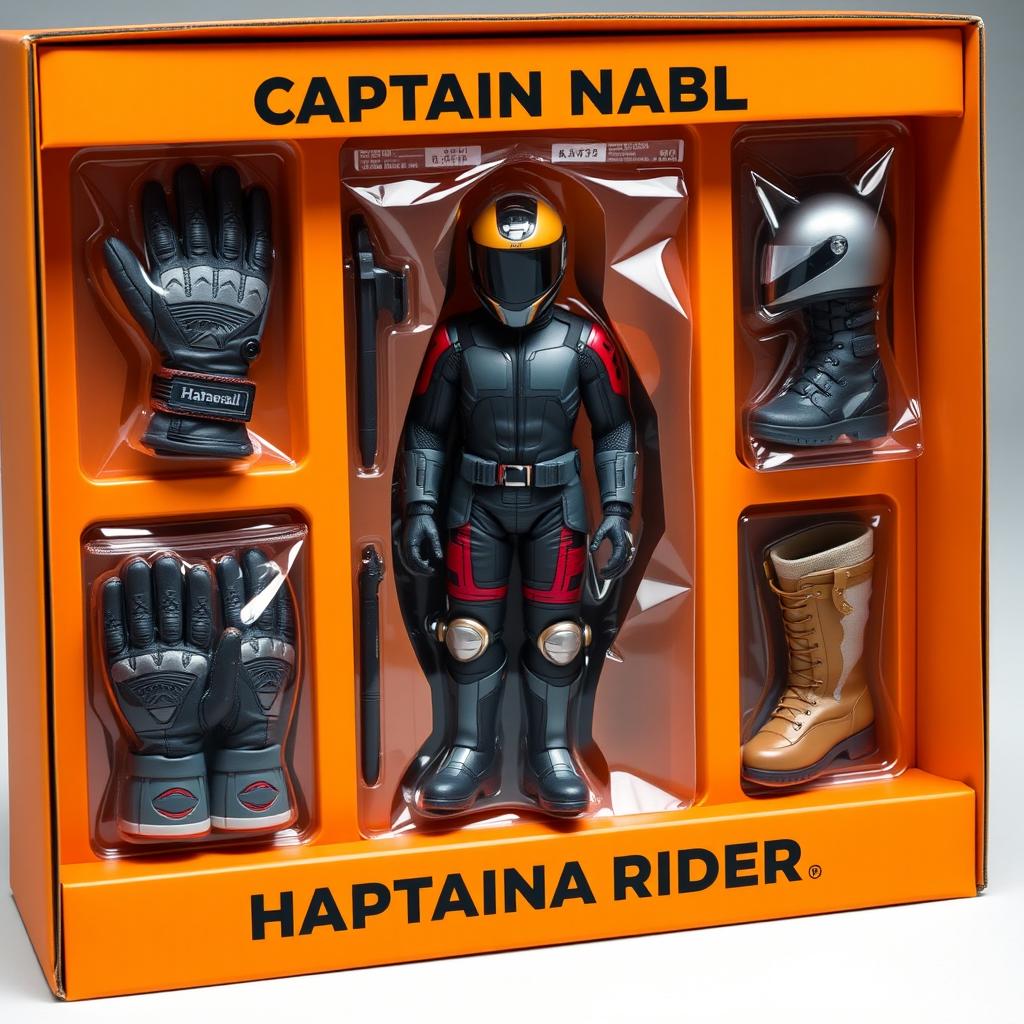 A realistic depiction of a display box featuring a collection of equipment for 'Captain Nabil' with 'Hayabusa Rider' written beneath the title