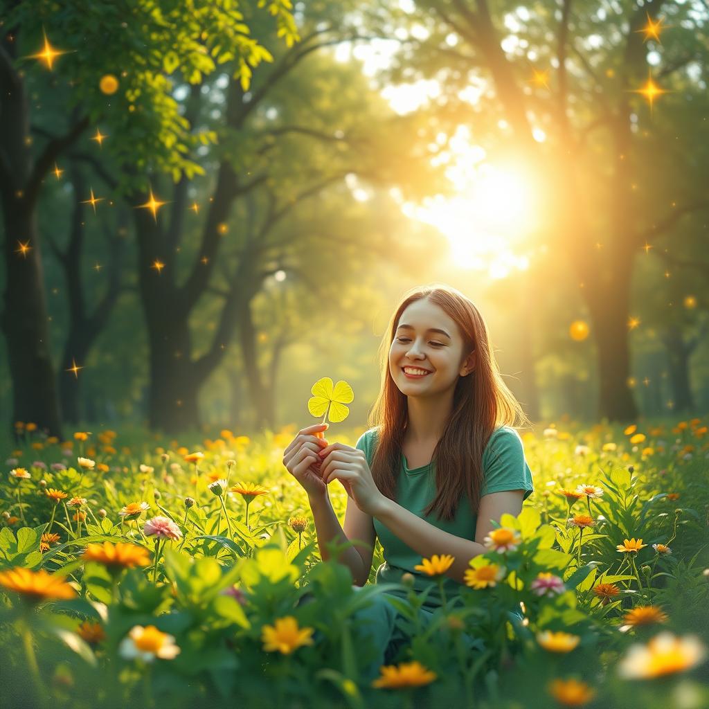 A serene scene depicting the concept of luck, featuring a person finding a four-leaf clover in a lush green meadow, symbolizing good fortune
