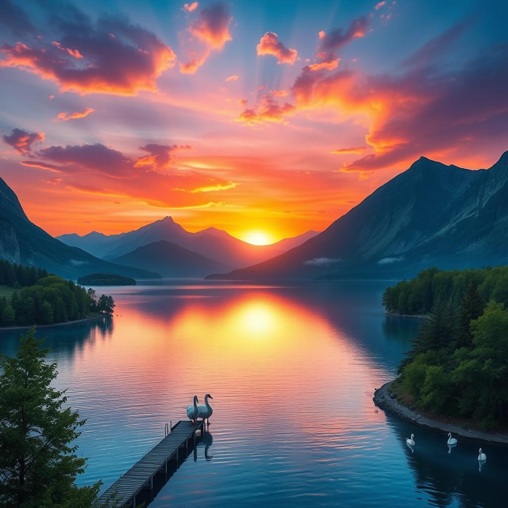 A beautiful digital landscape depicting a serene sunset over a tranquil lake surrounded by majestic mountains