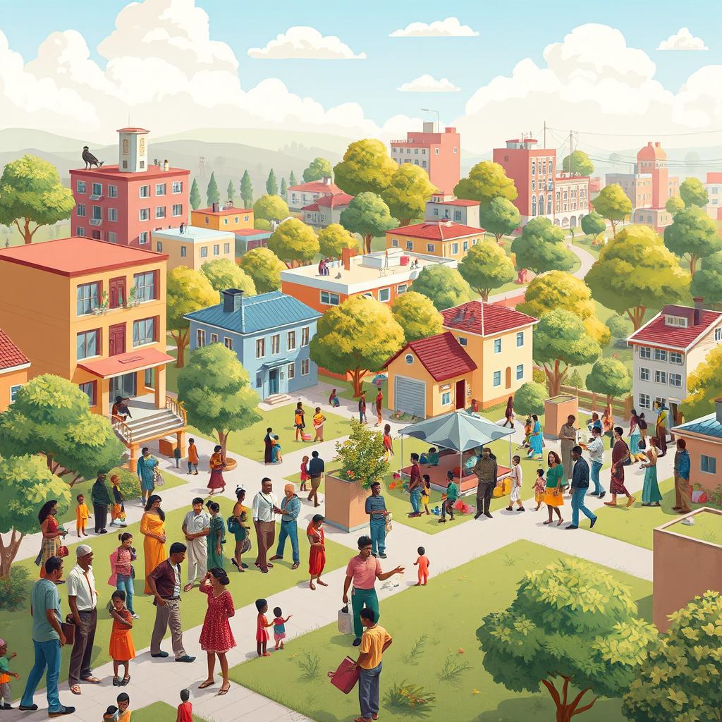 An ideal city landscape representing social dimensions with a focus on inclusion and equity