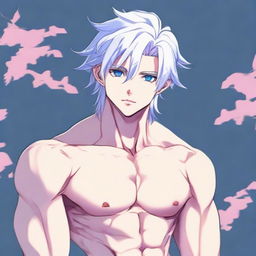 Illustrate a highly attractive twink anime man with white hair, eyebrows, lashes, slender skin, and a harmonious face. His sharp blue eyes have a pink tint at their corners. He has big pectorals, a very feminine figure without discernible muscles. Wearing a blue bedlah, he looks into the distance in a full body view