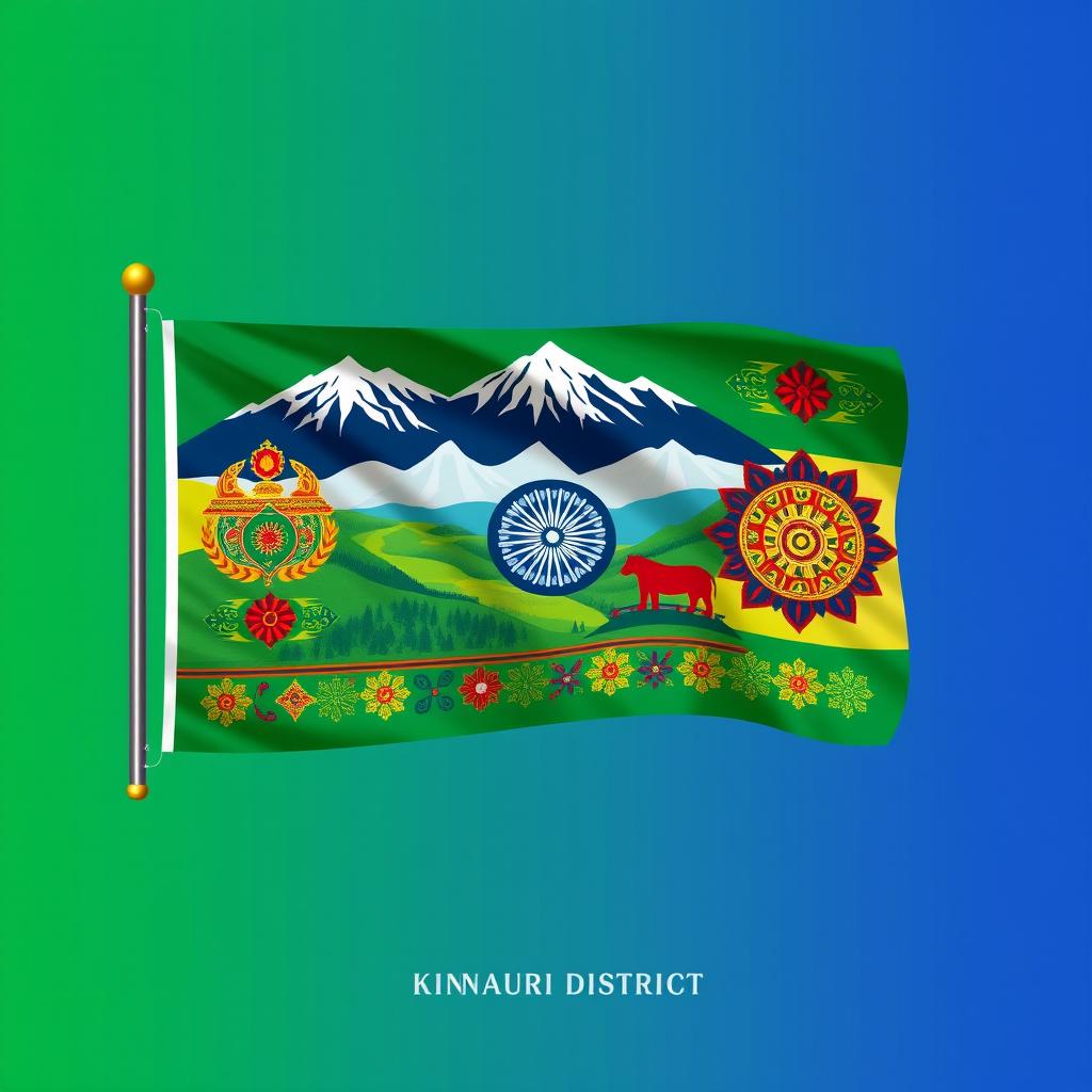 A vibrant and distinct flag design for the Kinnauri district, prominently featuring traditional Kinnauri motifs and symbols, set against a backdrop of rich colors like green, blue, and gold
