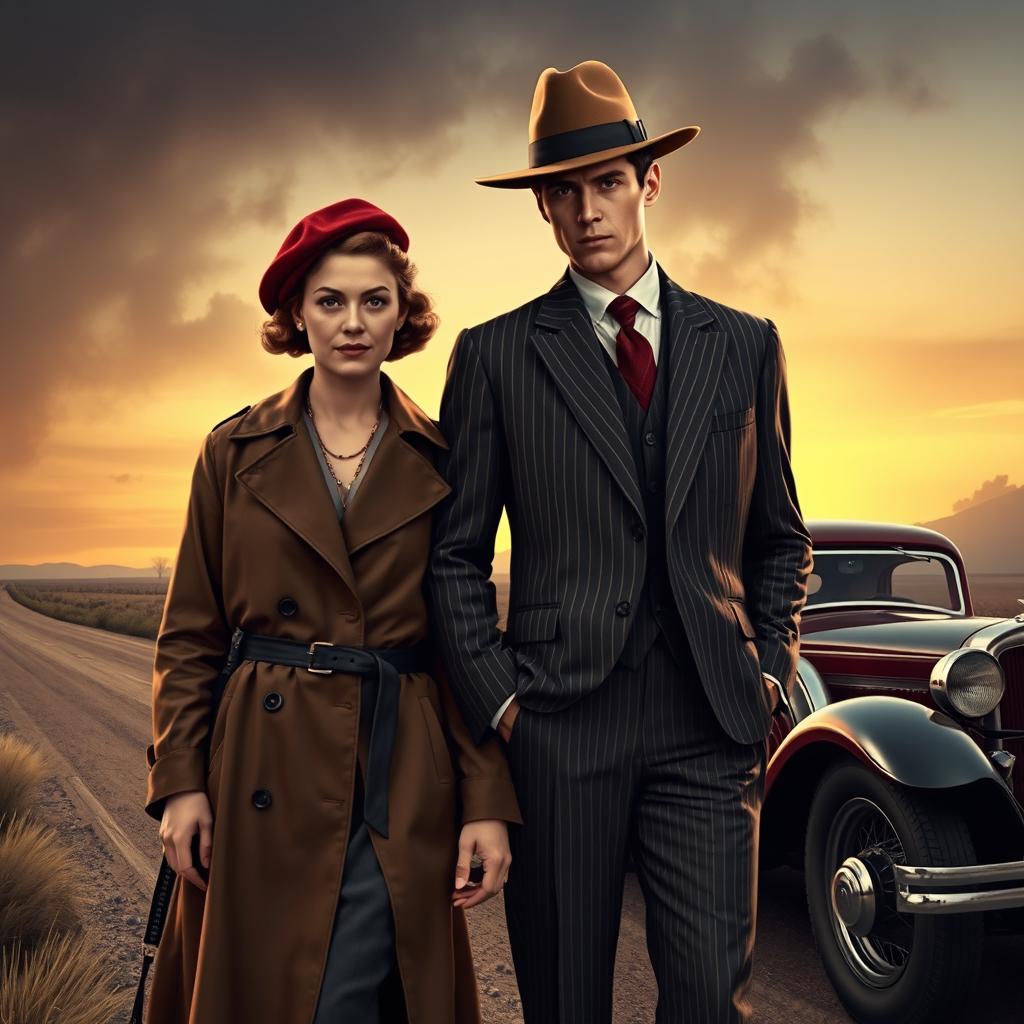 A realistic depiction of Bonnie and Clyde, the infamous American criminal couple from the 1930s