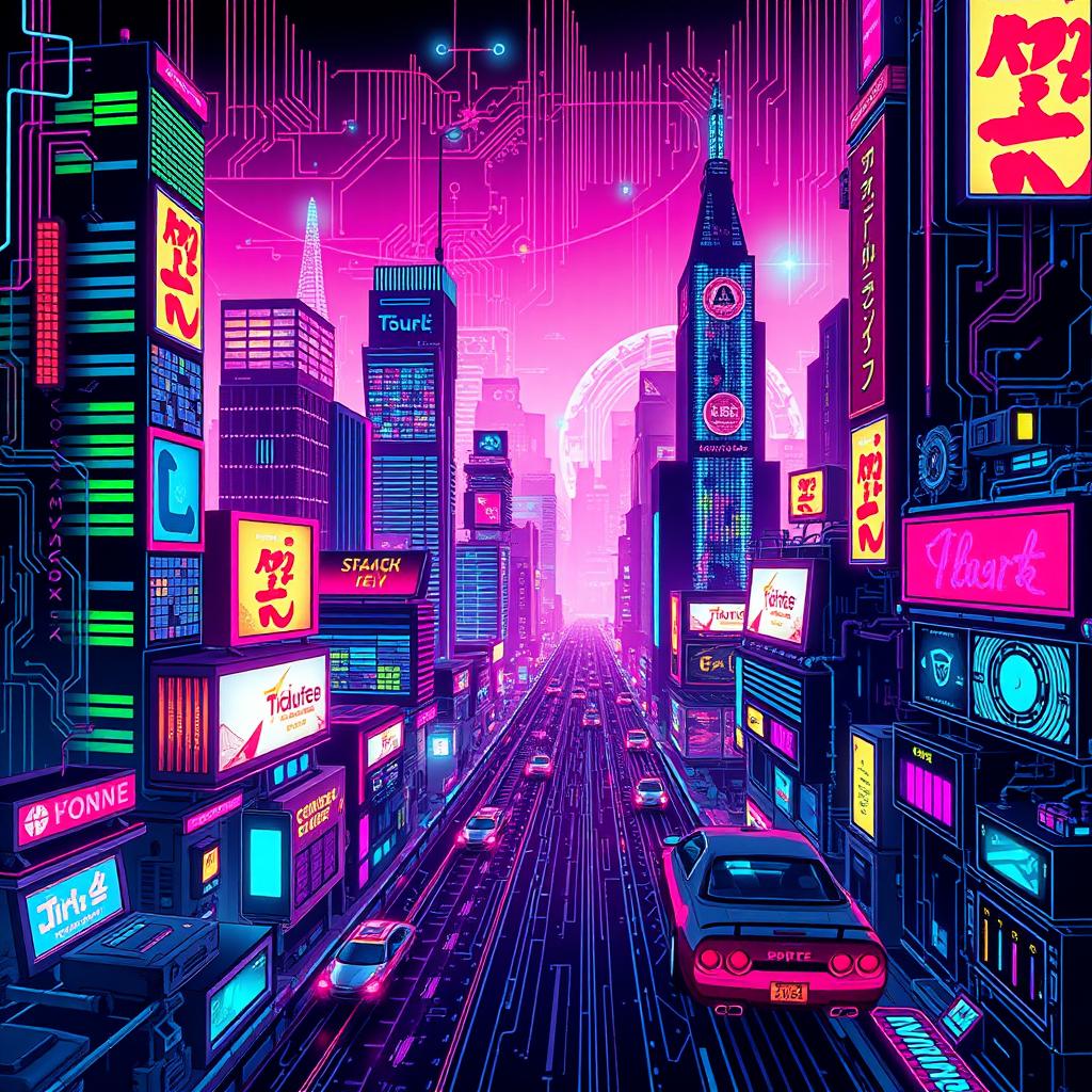 A square 1x1 image that showcases a cyberpunk style scene, heavily inspired by digital aesthetics