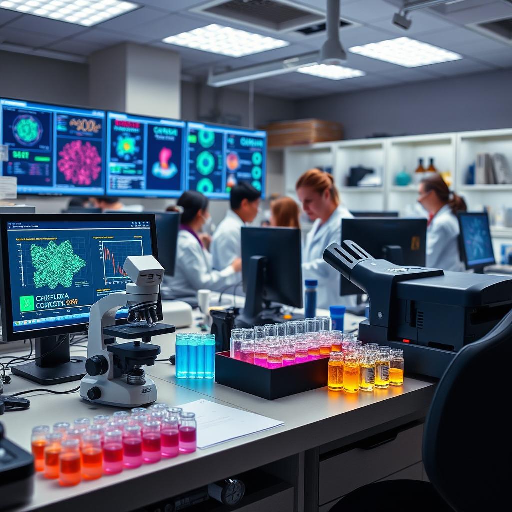 Analysis of circulating tumor DNA (ctDNA) using CRISPR technology, showcasing a laboratory setting with researchers working at high-tech equipment