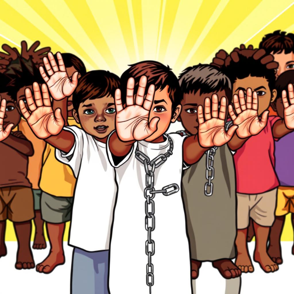 An expressive image featuring a group of Latino children with both brown and light skin tones, standing together powerfully against child slavery