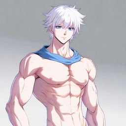 Illustrate a highly attractive twink anime man with white hair, eyebrows, lashes, slender skin, and a harmonious face. His sharp blue eyes have a pink tint at their corners. He has big pectorals, a very feminine figure without discernible muscles. Wearing a blue bedlah, he looks into the distance in a full body view