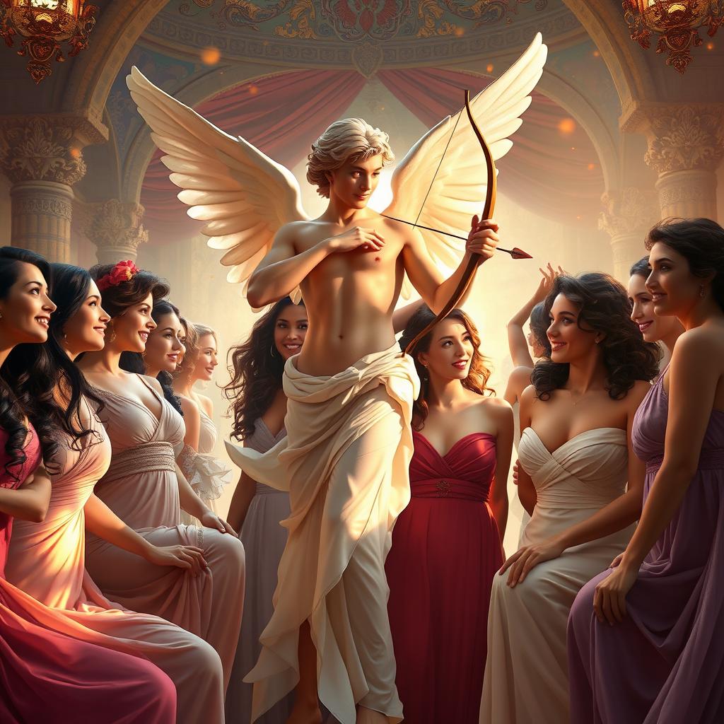 Eros, the Greek god of love, gracefully positioned in the center of an enchanting harem filled with beautiful women
