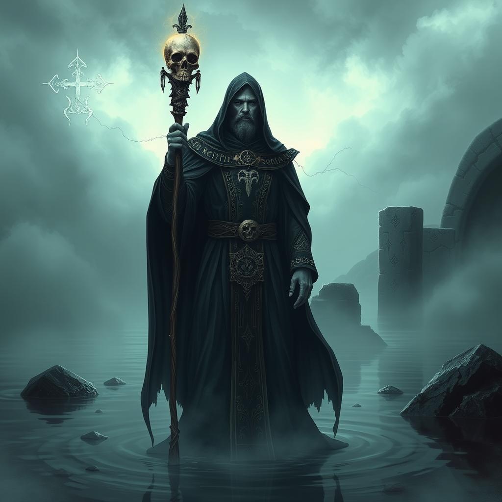 A depiction of a death priest standing in a mystical bay, surrounded by ethereal fog
