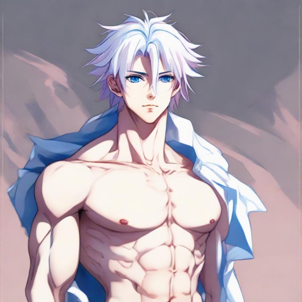 Illustrate a highly attractive twink anime man with white hair, eyebrows, lashes, slender skin, and a harmonious face. His sharp blue eyes have a pink tint at their corners. He has big pectorals, a very feminine figure without discernible muscles. Wearing a blue bedlah, he looks into the distance in a full body view