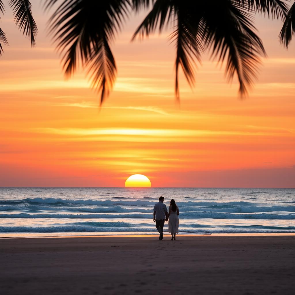 A picturesque sunset over a tranquil beach, with soft waves gently lapping at the shore