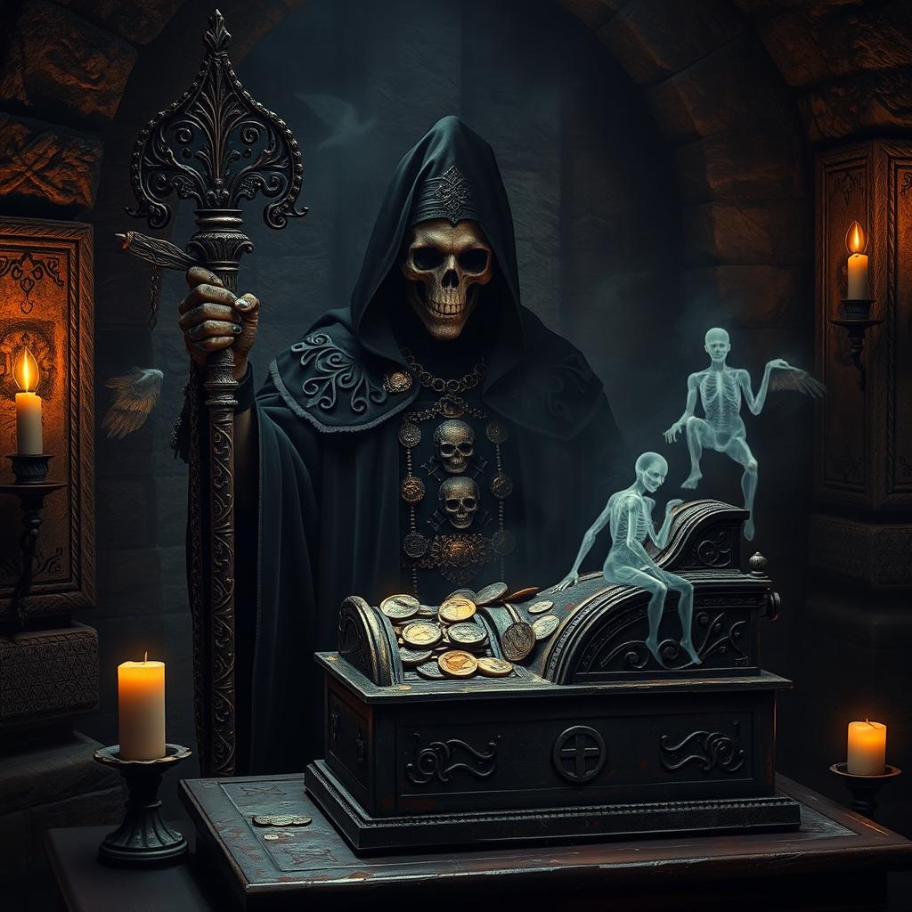 A dark and atmospheric scene featuring a Death Priest, clad in ornate, shadowy robes decorated with skull motifs and runic symbols, standing behind a weathered, ancient cash register