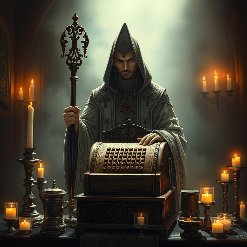 A mysterious scene featuring a Priest character, dressed in intricately designed robes with ornate patterns, standing behind an antique cash register