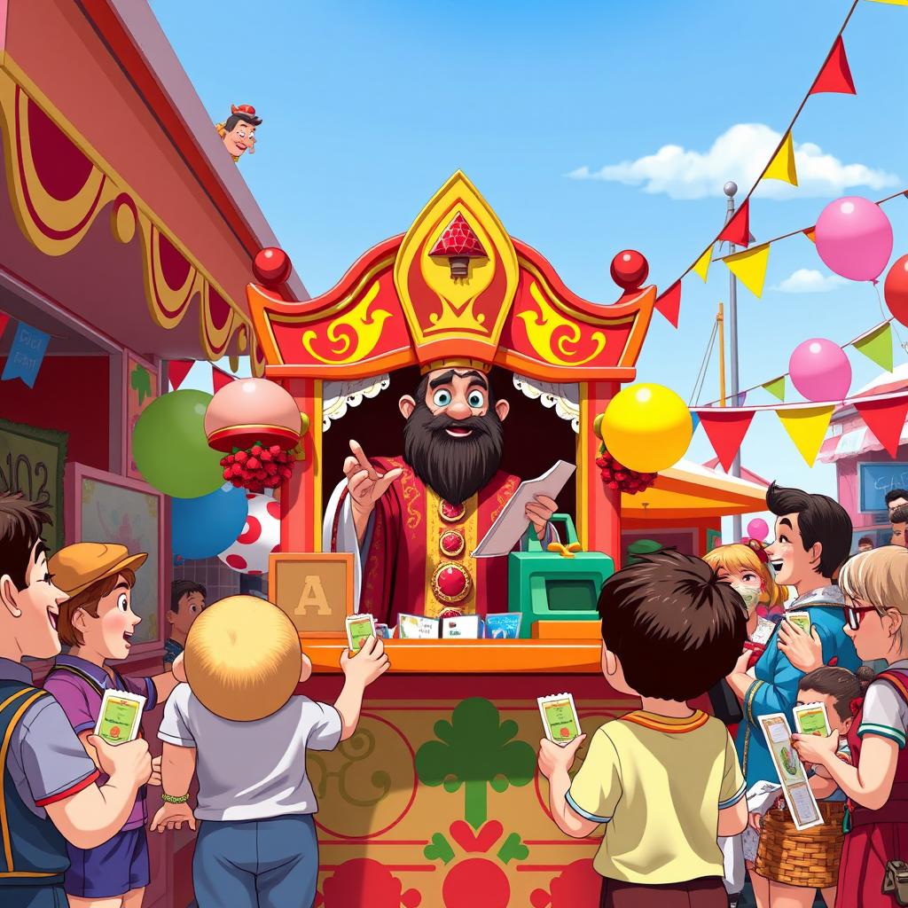 An engaging and whimsical scene featuring a Priest character behind a vibrant, colorful cash register at a lively fair or festival