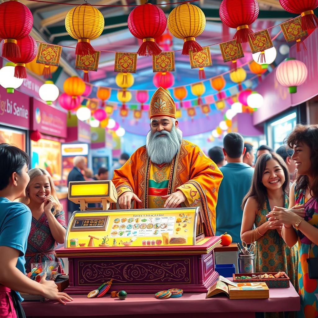 A vibrant and lively scene featuring a Priest character standing behind a decorative cash register in a bustling market or fair environment