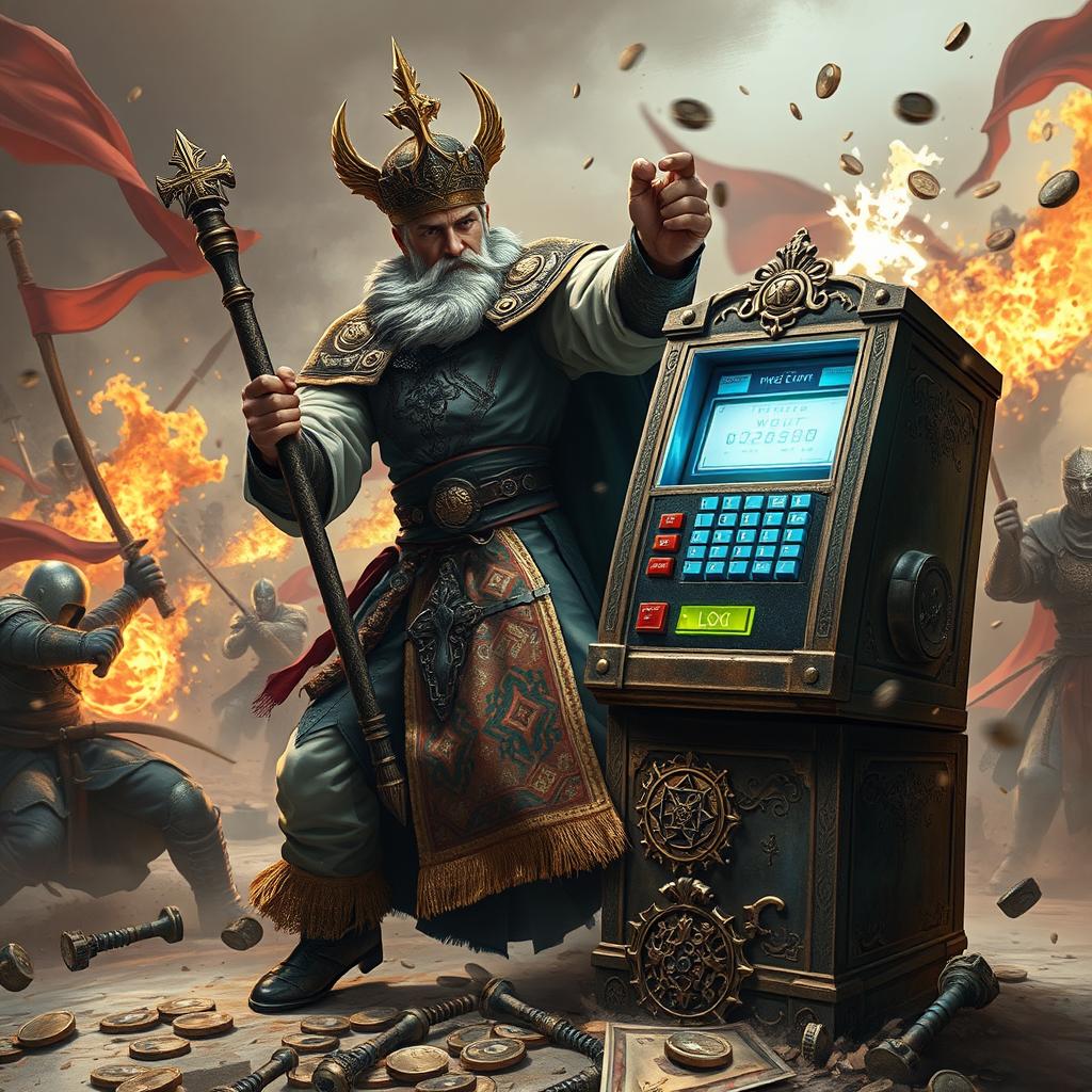 An action-packed scene featuring a Priest character engaged in a battle, wielding a staff alongside a cash register creatively integrated into the combat setting