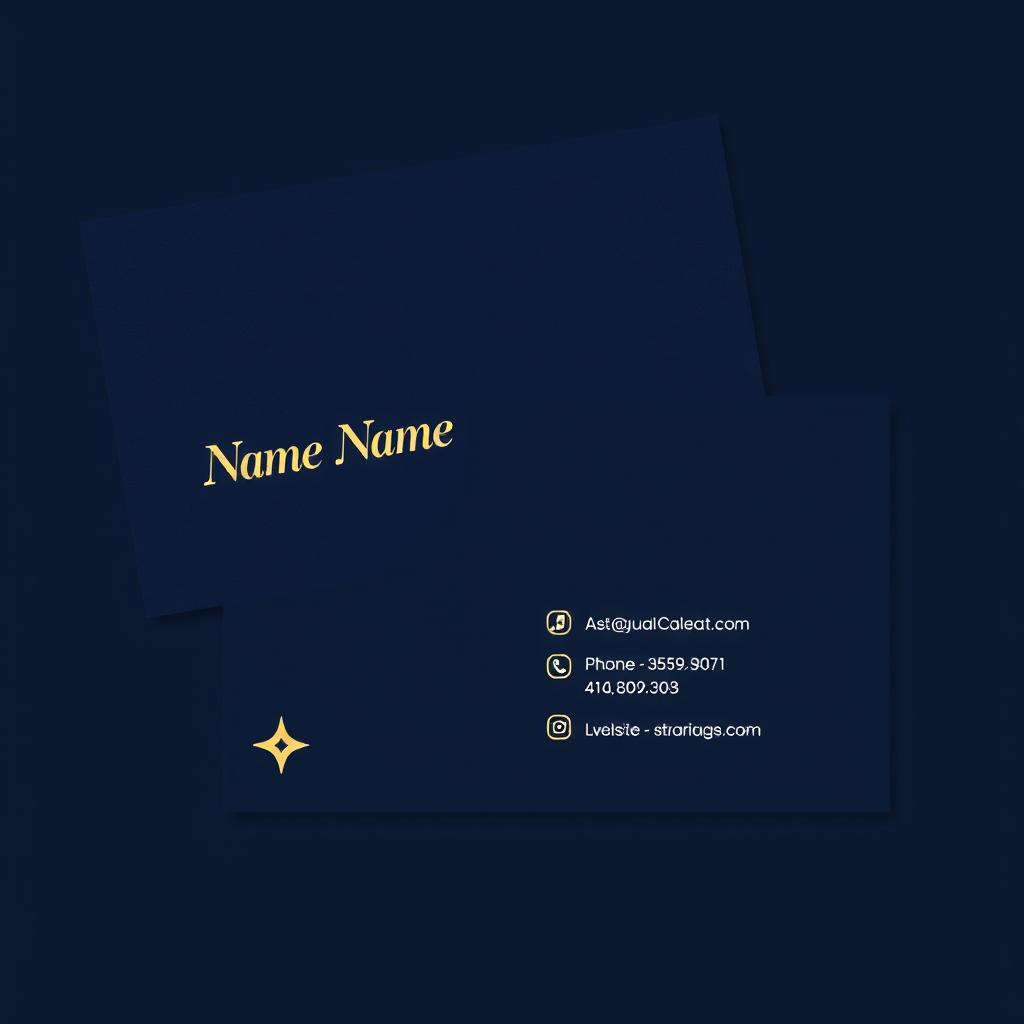 A modern, elegant business visiting card design, featuring a rich navy blue background, with gold foil accents for a luxurious touch