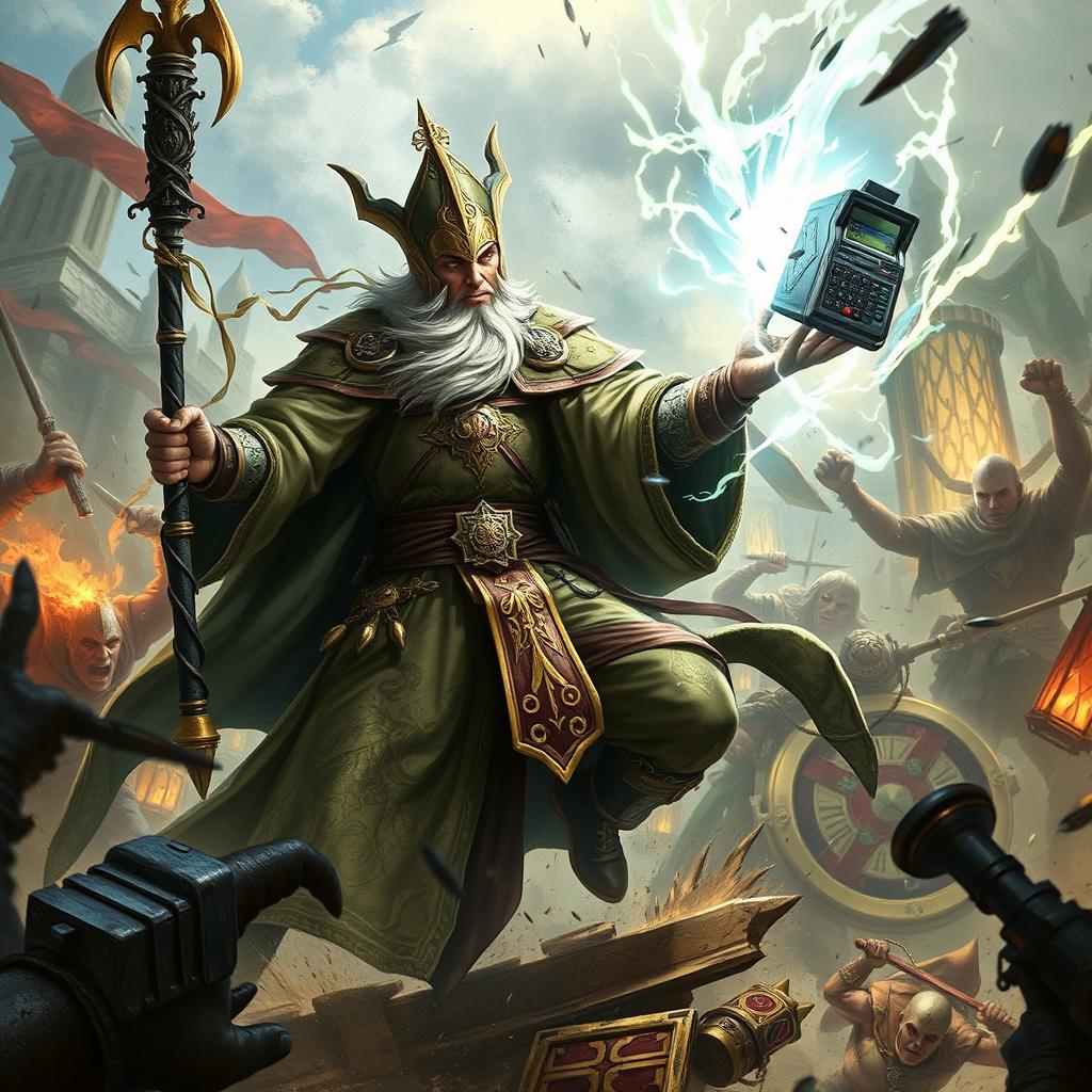 An intense action scene depicting a Priest character in the heat of battle, wielding a magical staff in one hand while strategically using a cash register as an unexpected combat tool in the other