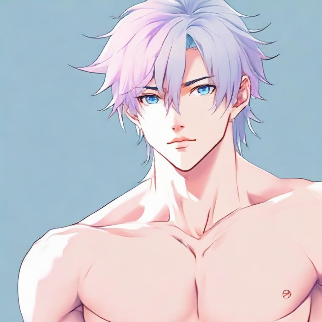 Illustrate a highly attractive twink anime man with white hair, eyebrows, lashes, slender skin, and a harmonious face. His sharp blue eyes have a pink tint at their corners. He has big pectorals, a very feminine figure without discernible muscles. Wearing a blue bedlah, he looks into the distance in a full body view