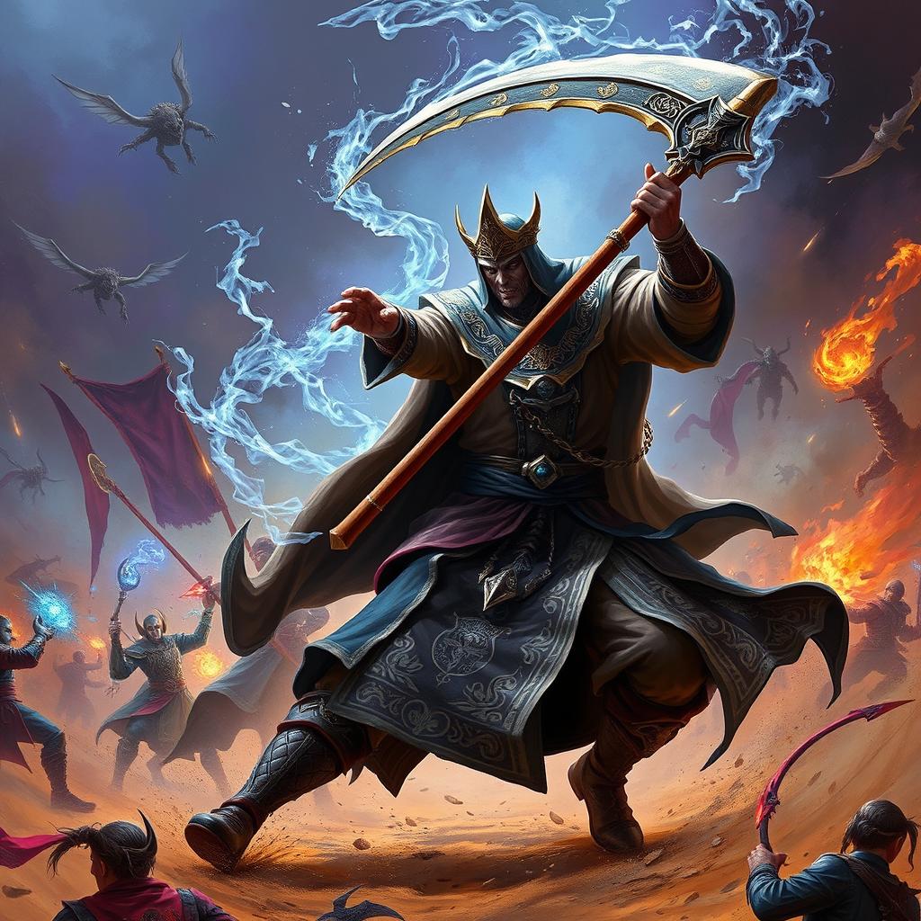 An intense battle scene featuring a Priest wielding a scythe, a symbol of power and mysticism