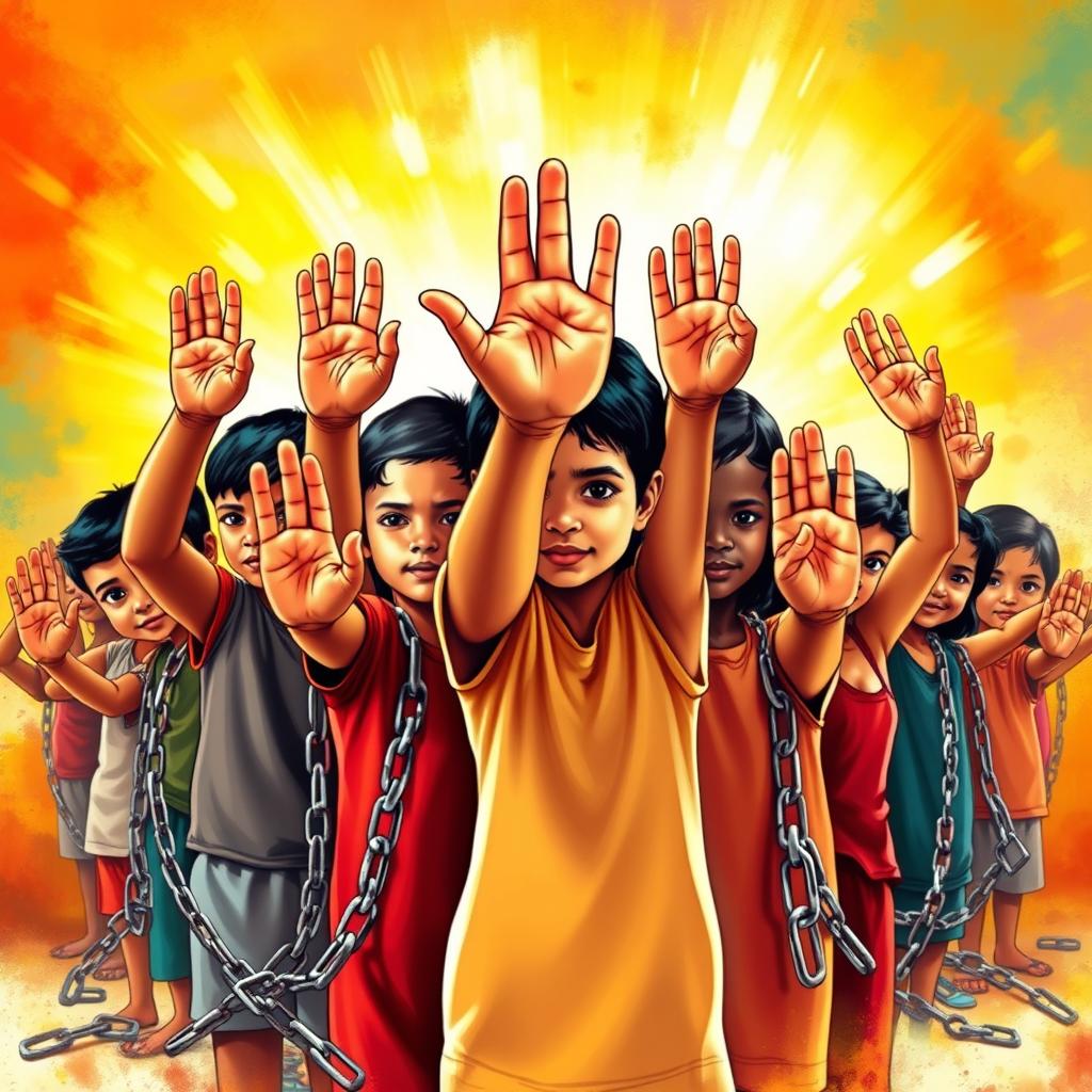 An inspiring image showing a diverse group of children, including boys and girls with Latino features, standing together in a strong stance against child slavery