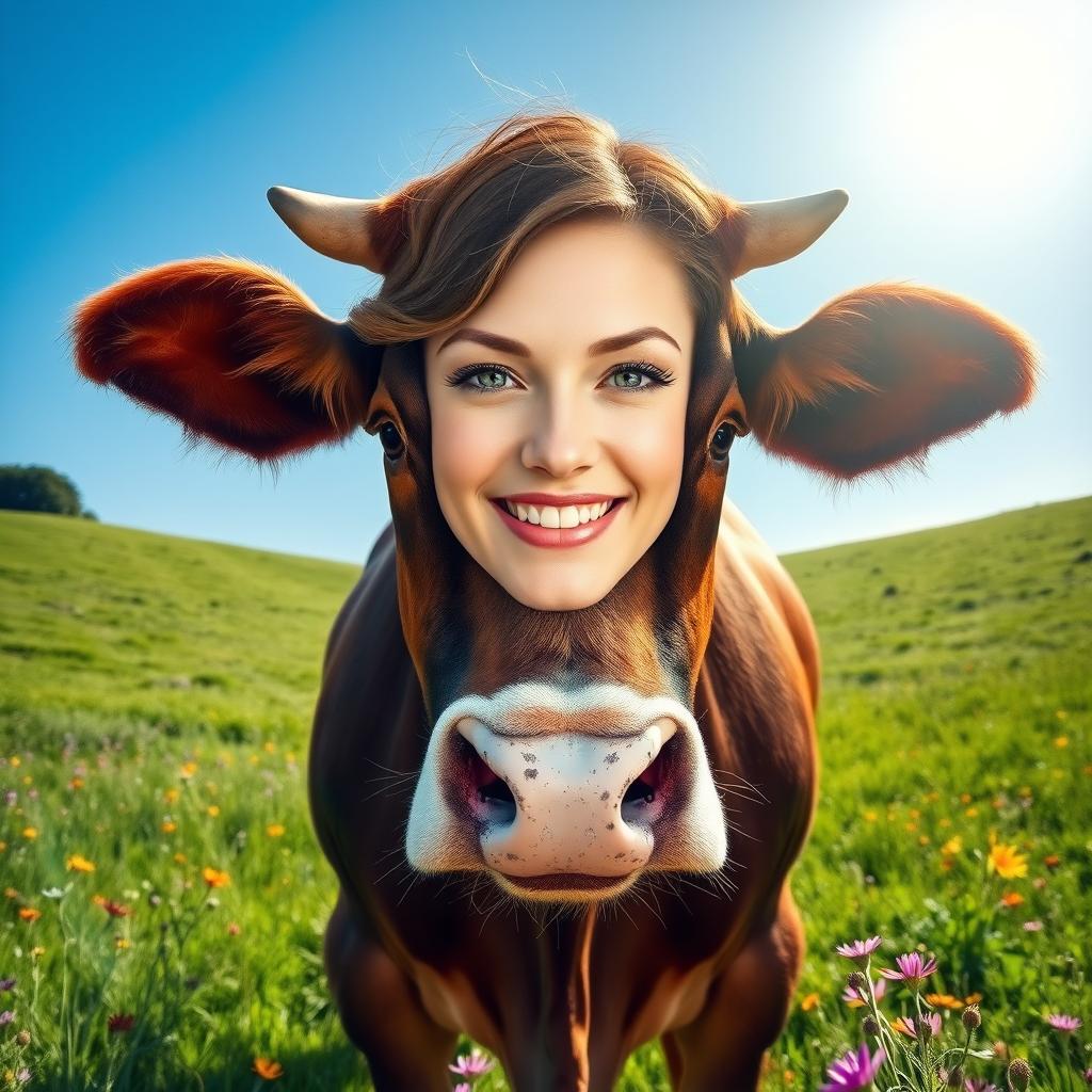 A surreal and whimsical image of a cow featuring the face of a woman, blending the characteristics of both seamlessly