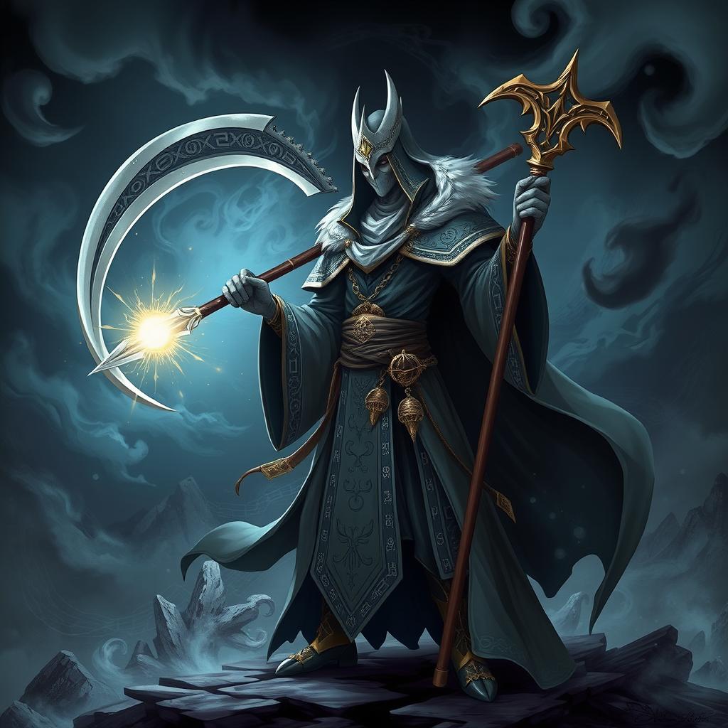 A striking character design of a Priest wielding a scythe, embodying a mystical and powerful presence