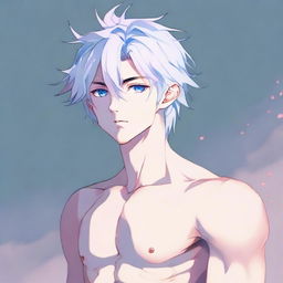 Generate an anime illustration of a delicate twink boy with white hair, eyebrows, lashes, slender skin, and a harmonious face. His sharp blue eyes have a hint of pink at the corners. He has large pectorals, a very feminine figure without muscles, looking extremely attractive in a blue bedlah, gazing into the distance in full body view.