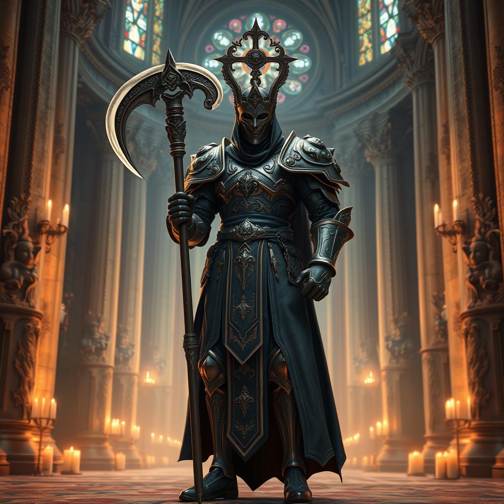 A striking image of a humanoid Priest, clad in intricately designed armor, standing confidently in a grand temple setting