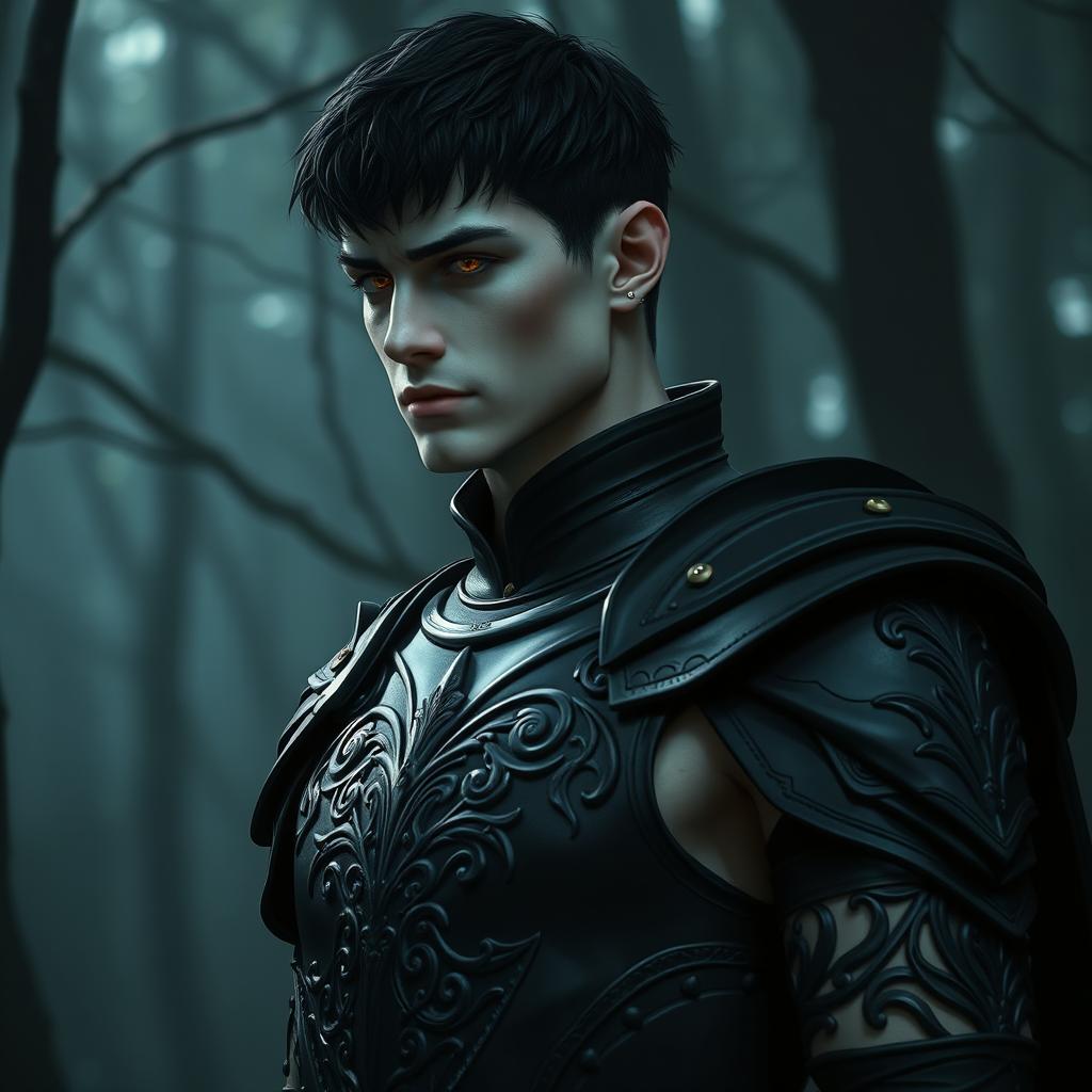 A tall, muscular dark fae prince, approximately 6'3" with pale skin and short black hair, featuring a slightly wavy fringe over his forehead
