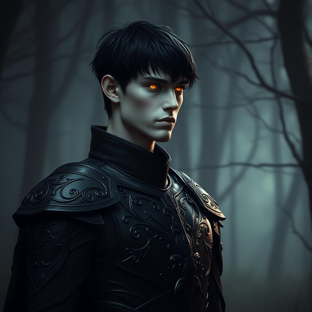 A tall, muscular dark fae prince, around 6'3" with pale skin and short black hair, showcasing a slightly wavy fringe that gently falls over his forehead