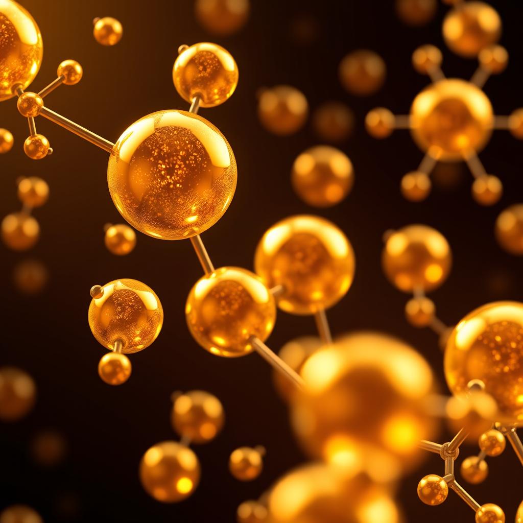 An artistic representation of gold nanoparticles, showcasing their unique spherical shapes in a high-resolution macro lens style