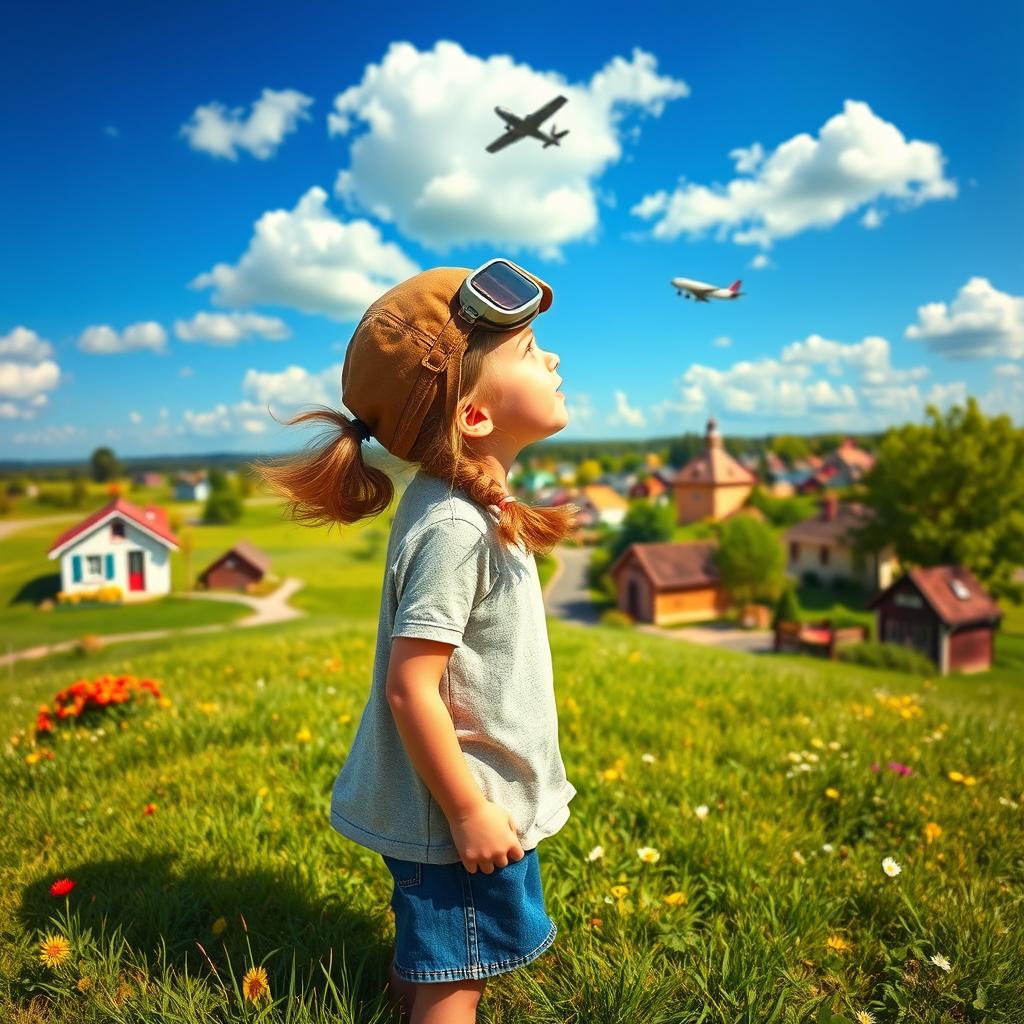 A young girl with pigtails dreaming of becoming a pilot, standing on a grassy hill overlooking a quaint little town with simple houses, colorful flowers, and blue skies