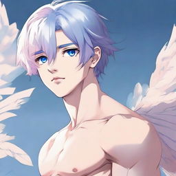 Generate an anime illustration of a delicate twink boy with white hair, eyebrows, lashes, slender skin, and a harmonious face. His sharp blue eyes have a hint of pink at the corners. He has large pectorals, a very feminine figure without muscles, looking extremely attractive in a blue bedlah, gazing into the distance in full body view.