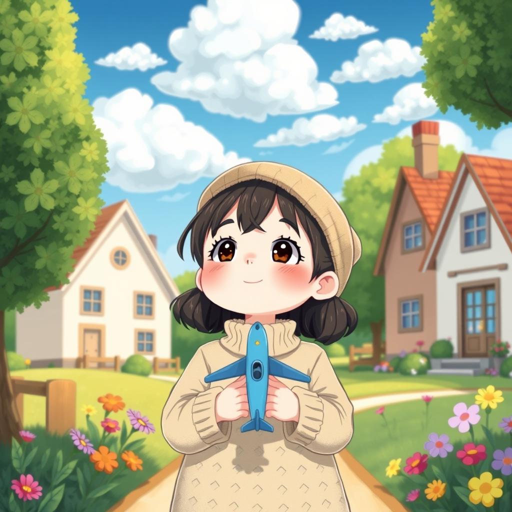 A charming illustration of a little girl living in a small, simple town, surrounded by quaint houses and lush greenery