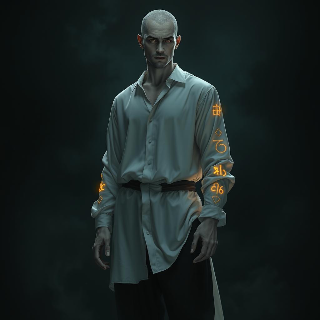 A tall and imposing dark fae prince, standing around 6'3" with pale, marble-like skin and a rigid posture, exuding a cold, unreadable gaze