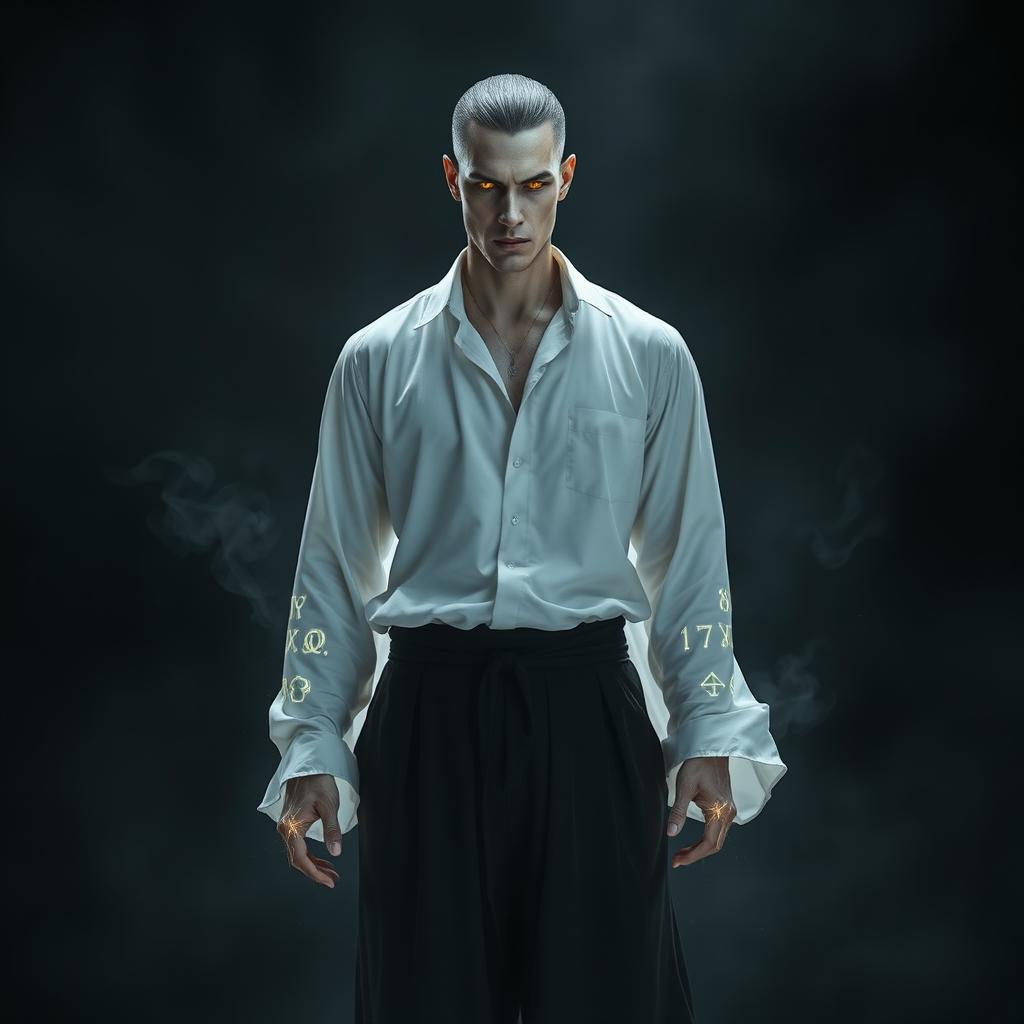 A tall and imposing dark fae prince, around 6'3" with pale, marble-like skin and a rigid posture, exuding a cold, unreadable gaze