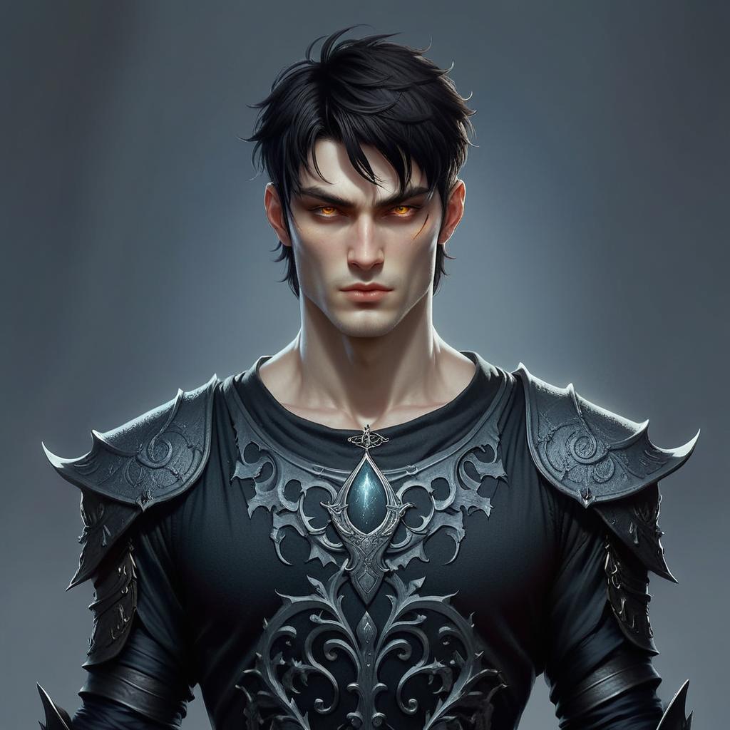 A dark fae prince, tall and imposing (around 6'3"), with pale, marble-like skin, a rigid posture, and a cold, unreadable gaze. He wears a long-sleeved, royal-style white shirt made of fine, flowing fabric, paired with loose, lightweight black trousers. Glowing runes shimmer across his bare arms, ancient and magical, pulsing faintly. Shadows swirl around him, responding to his will, cloaking him like sentient extensions of his power. He stands still, watching his prey from the darkness with calculated patience. His amber eyes glow softly, casting an eerie light in the gloom. The atmosphere is dark fantasy, haunting and majestic.