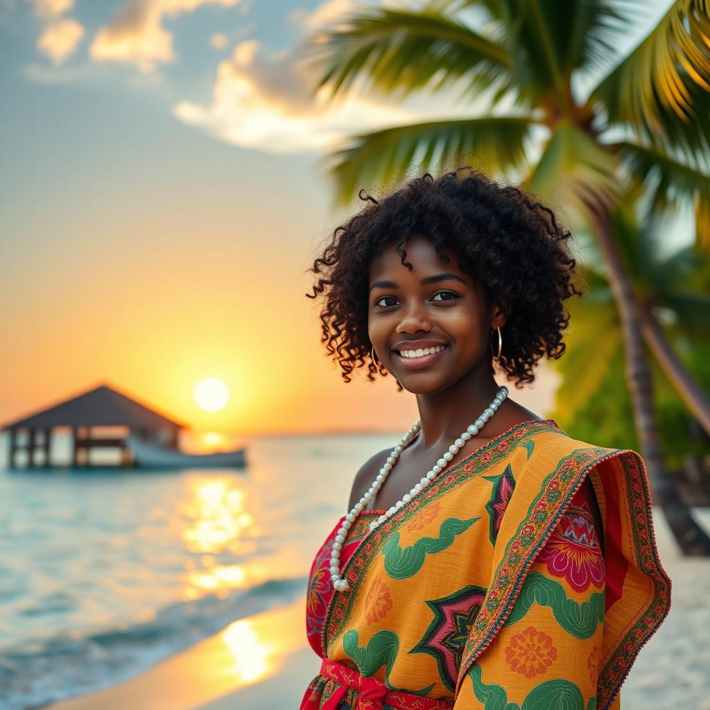 A stunning Maldivian girl in her 20s with beautiful curly hair and dark skin, wearing a vibrant and colorful traditional outfit, standing on a picturesque beach surrounded by crystal clear turquoise waters and palm trees swaying in the gentle breeze
