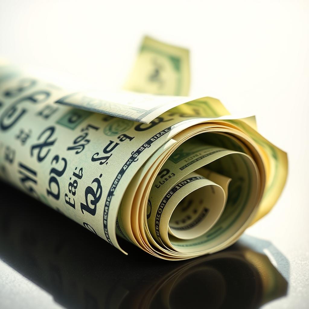 A visually striking image of a dollar roll overflowing with crisp dollar bills, each bill uniquely adorned with artistic and intricate calligraphy featuring the symbol 'ßa' written all over in various styles