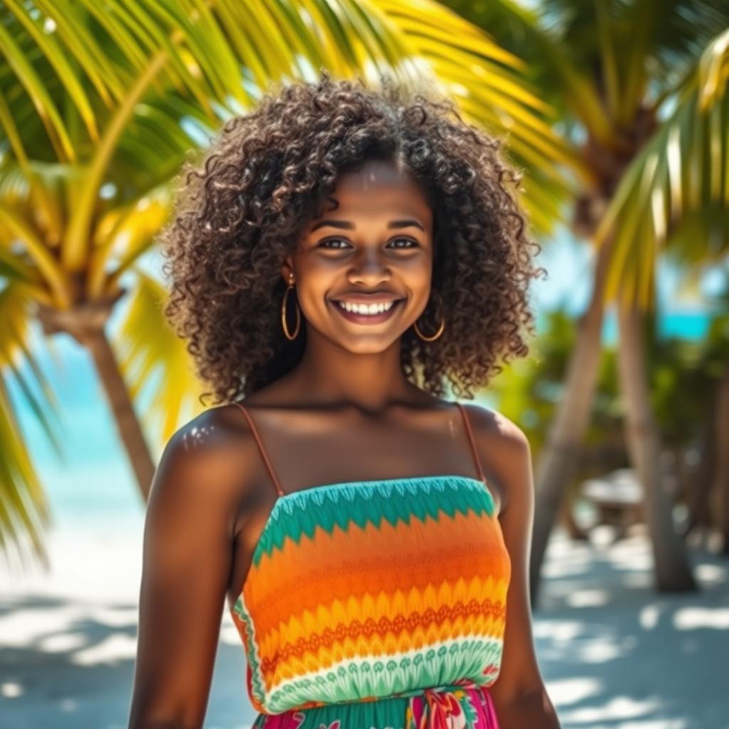 A beautiful Maldivian girl in her 20s with lush curly hair and deep, rich dark skin, standing in a tropical setting, vibrant green palm trees in the background and soft white sand underfoot