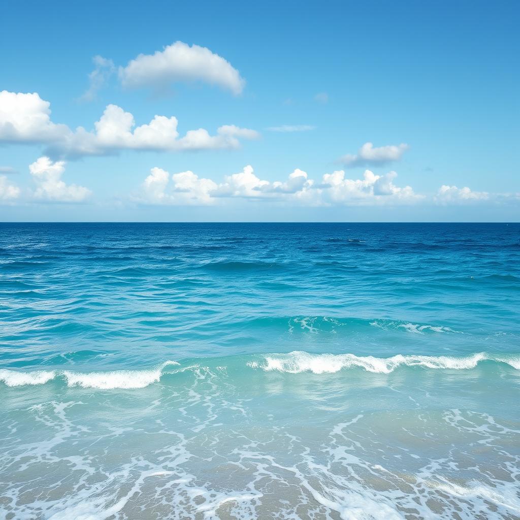 A tranquil ocean scene during the daytime, featuring pixelated waves gently lapping against a serene shoreline