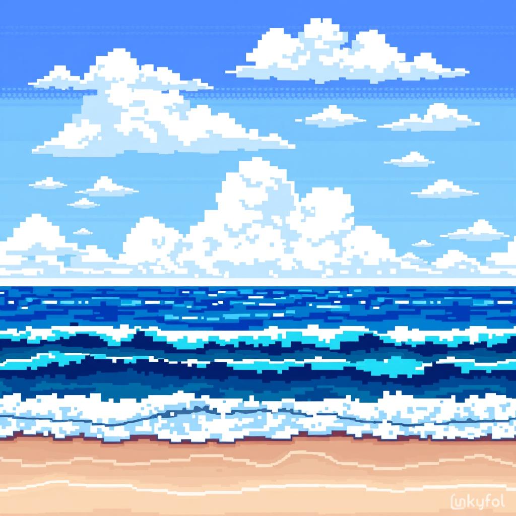 A tranquil pixelated ocean scene during the daytime, measuring 11x8
