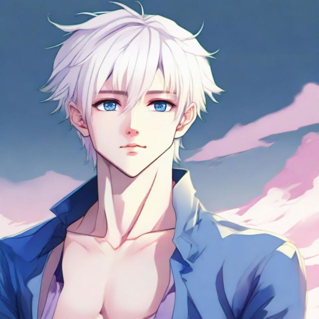 Generate an anime illustration of a delicate twink boy with white hair, eyebrows, lashes, slender skin, and a harmonious face. His sharp blue eyes have a hint of pink at the corners. He has large pectorals, a very feminine figure without muscles, looking extremely attractive in a blue bedlah, gazing into the distance in full body view.