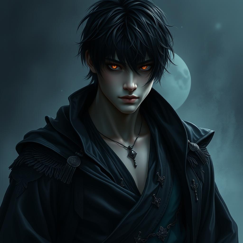 A dark prince of haunting beauty, tall and masterful in stance, embodying grace and precision as a warrior